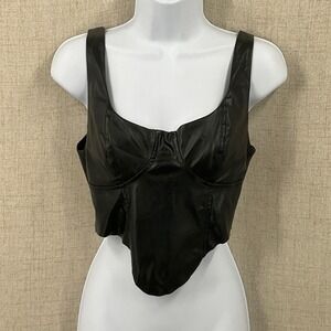 ASOS DESIGN Corset Top Women 6 Black Faux Leather Hook Eye Pointed Hem Edgy Boho